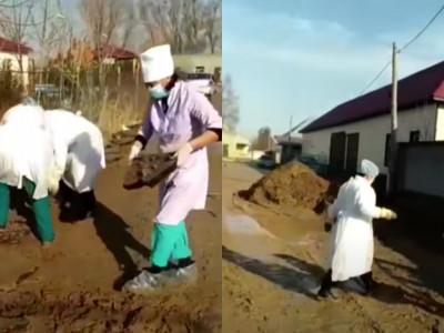 Шымкентте дәрігерлер тас көтеріп, батпақ тазалап жүр (ВИДЕО)